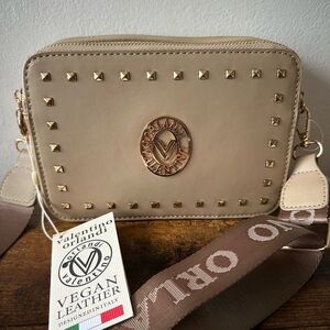 Valentino Orlandi Tan Taupe Crossbody
Bag with Gold Accents Studs Two
Pocket NWT